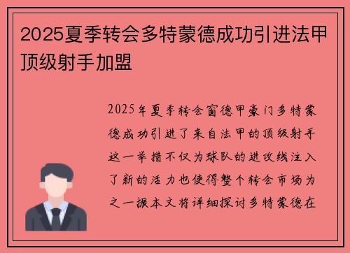 2025夏季转会多特蒙德成功引进法甲顶级射手加盟